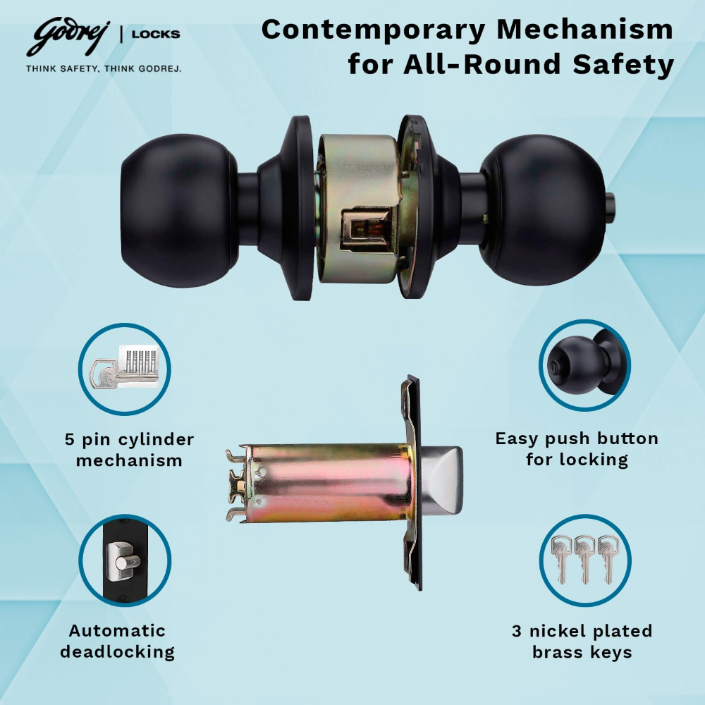 Godrej Cylinder Lock | Single Panel Door Lock | Suitable for Bedroom Doors  & Inter-Connected Doors for Commercial Space | Keyped | Matte Black Finish | Door Thickness 32mm to 45mm | 5 Years Warranty